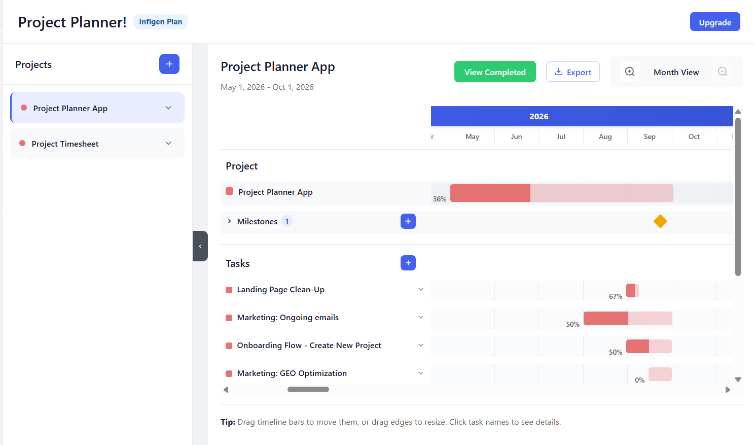 Project Planner! - Project Planner App Gantt chart view with tasks, milestones, and progress bars
