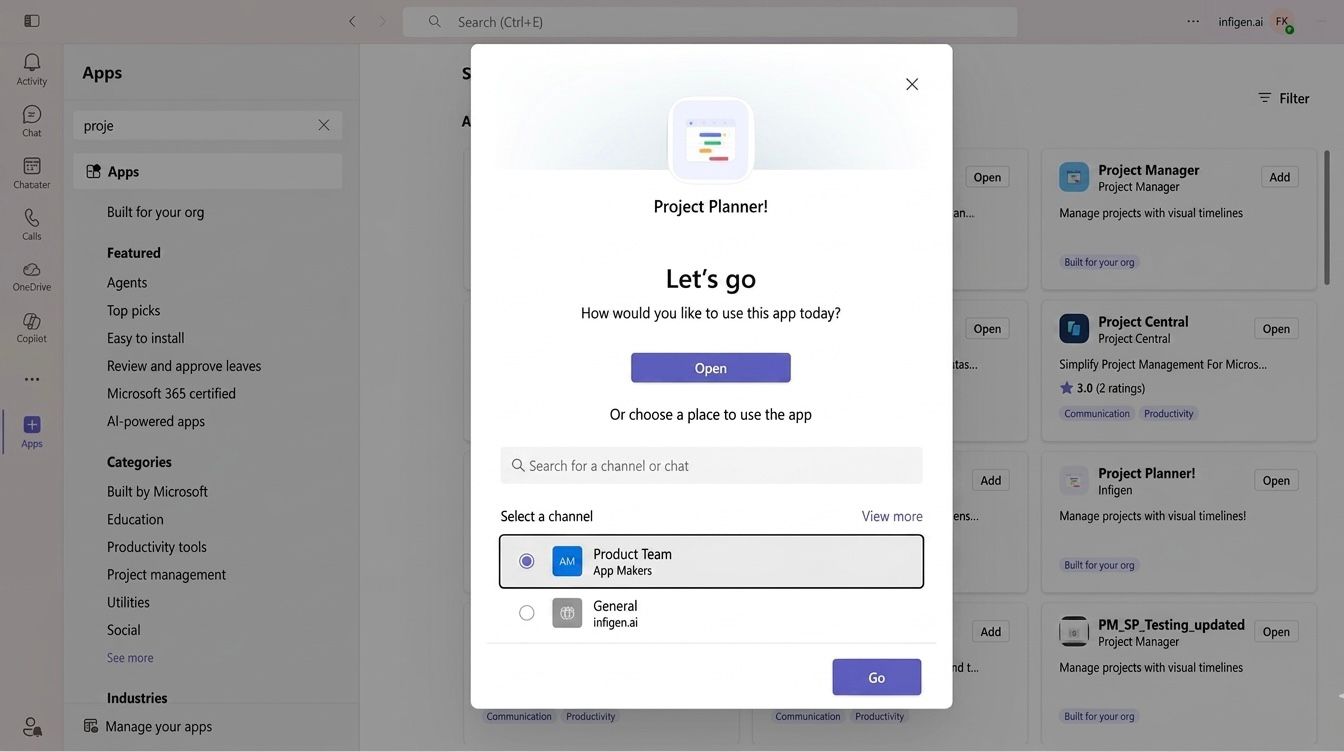 Teams dialog for selecting a channel